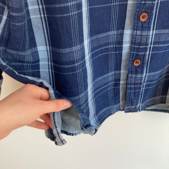 Product Think Tank Mens L Indigo Blue Plaid Flannel Sustainable Work Shirt Chore - Picture 7 of 10